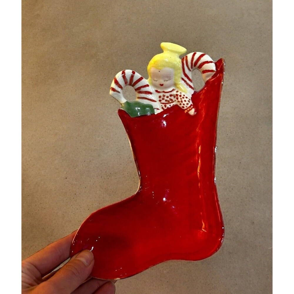 Vtg Hand Painted Ceramic Christmas Stocking Angel Holly Catchall Candy Dish